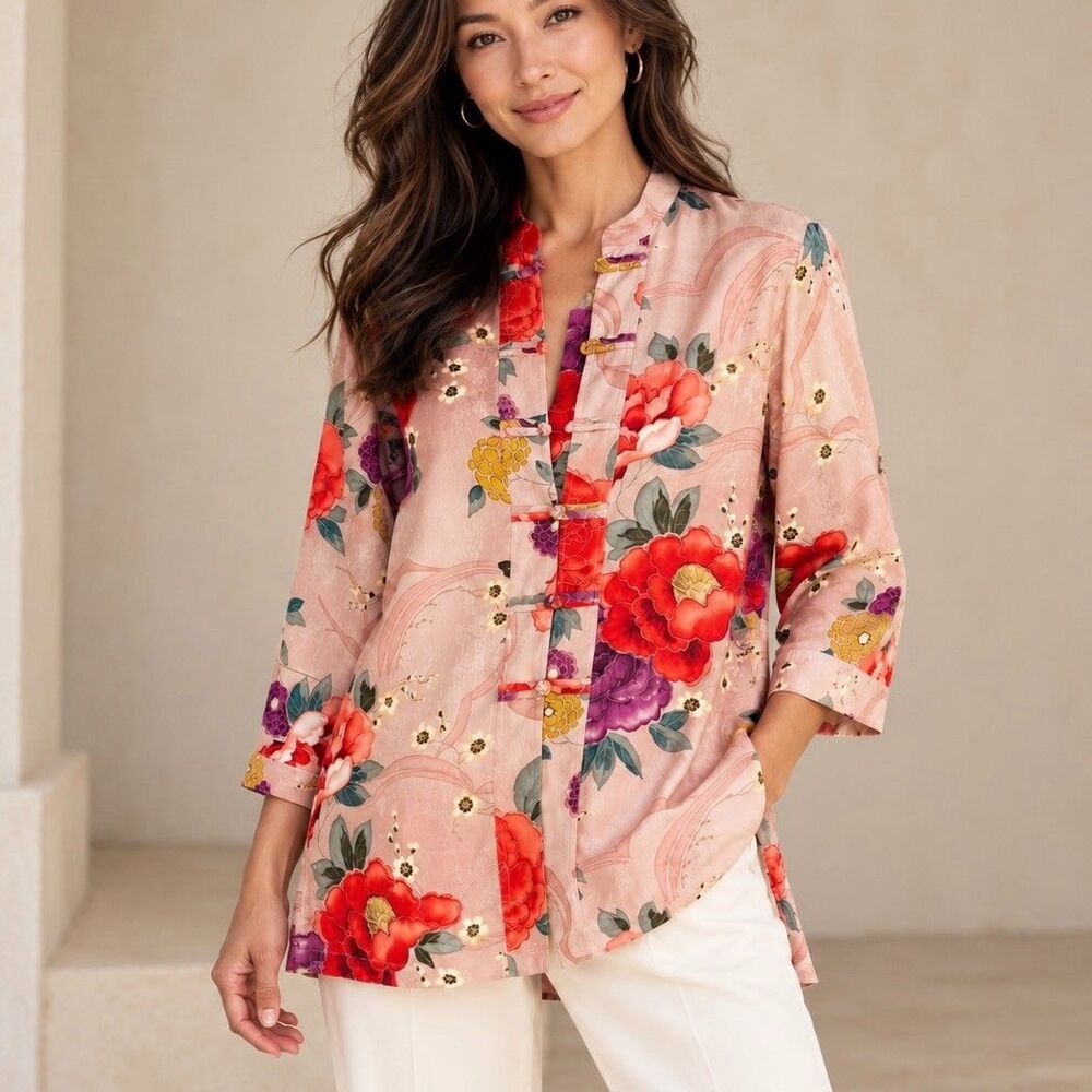 Chico’s VTG Silk Blouse Pink Floral Frog Closure Mandarin Collar Sz 0 S Artsy